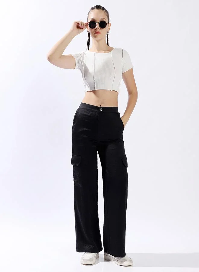 HIGH STAR Women Relaxed Loose Fit High-Rise Cargo Textured Satin Trousers