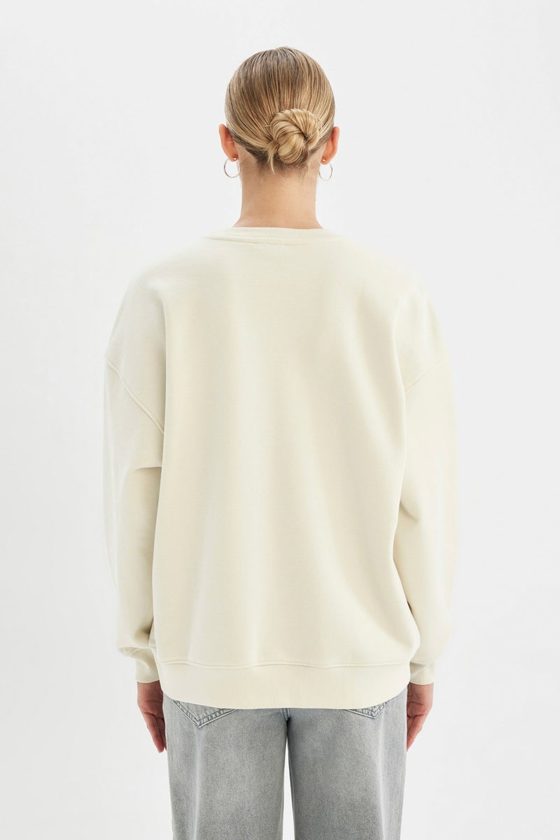 DeFacto Beige Woman Back to School Oversize Fit Thick Sweatshirt Casual - Image 5
