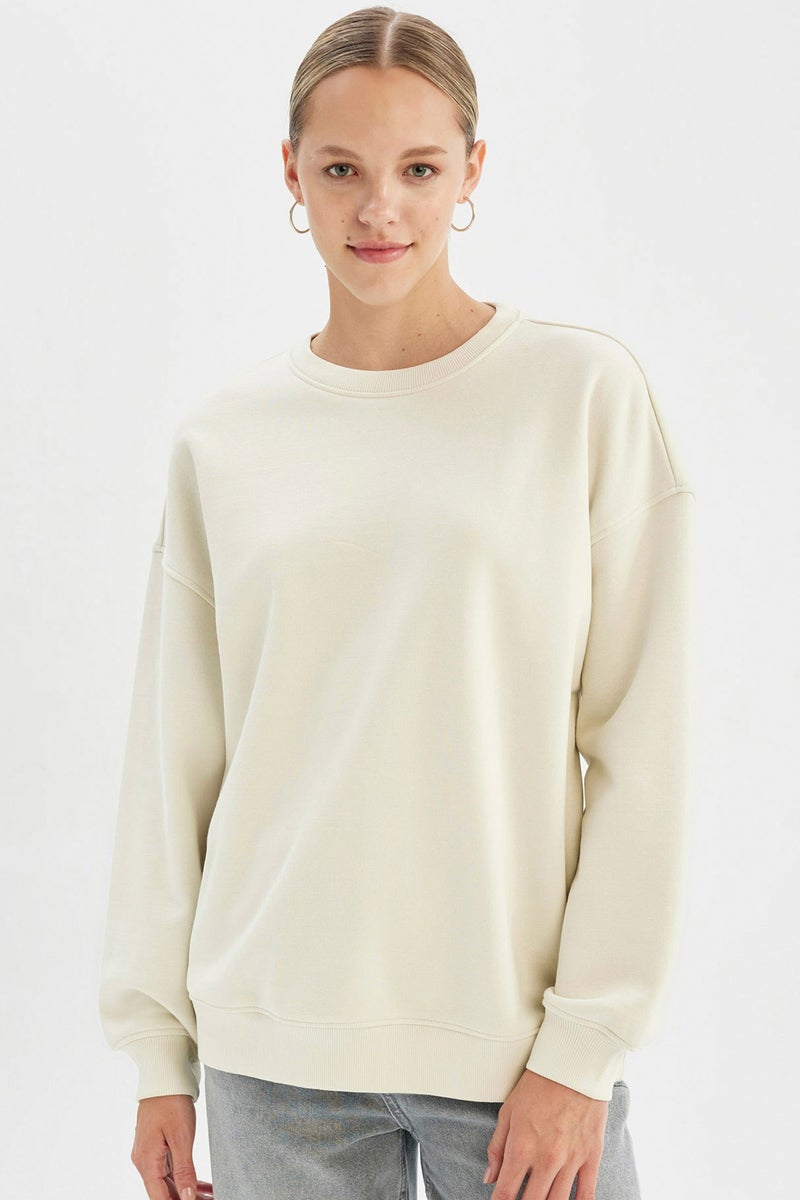 DeFacto Beige Woman Back to School Oversize Fit Thick Sweatshirt Casual - Image 1