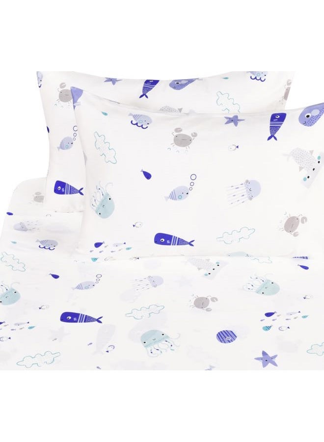 J-pinno Sea Animal Fish Whale Underwater World Cute Cozy Fun Full Sheet Set for Kids Girls Children100% Cotton, Flat Sheet + Fitted Sheet + Pillowcase Bedding Set (10, Full) - Image 1