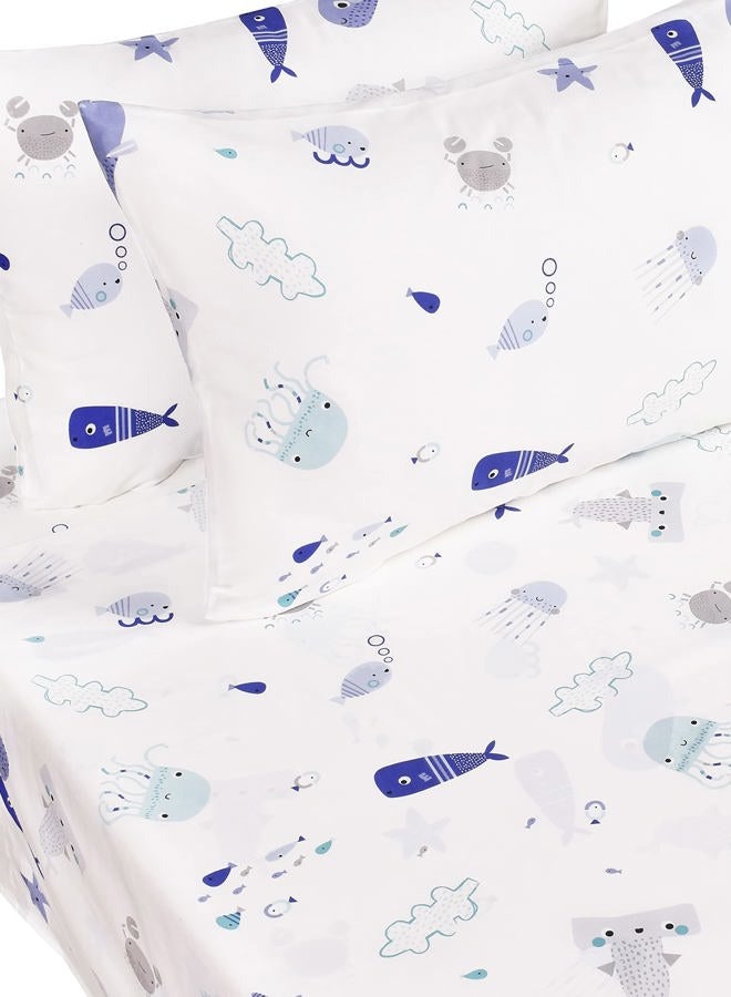 J-pinno Sea Animal Fish Whale Underwater World Cute Cozy Fun Full Sheet Set for Kids Girls Children100% Cotton, Flat Sheet + Fitted Sheet + Pillowcase Bedding Set (10, Full) - Image 2