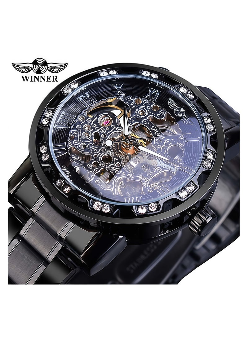 وينر ساعة رجالية أنيقة وعملية بهيكل عظمي يدوي مرصع بأحجار الراين