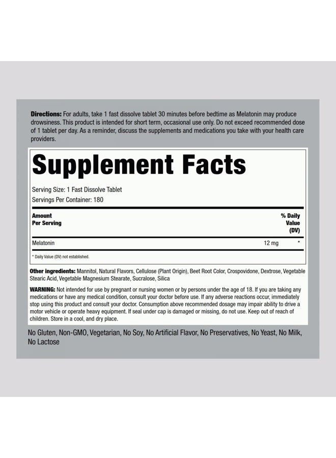 Piping Rock Melatonin 12 mg | 180 Fast Dissolve Tablets | Berry Flavor | Non-GMO, Gluten Free Supplement - Image 2