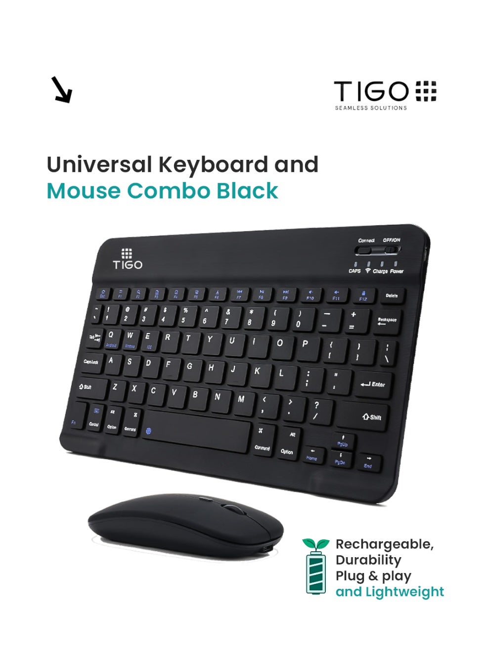 T I G O Universal Wireless Keyboard & Mouse Combo with Arabic & English Ergonomic Design and Silent Typing Keys Ultra Slim Design Compatible with Android Apple iPad IOS Windows & Mac (Black)