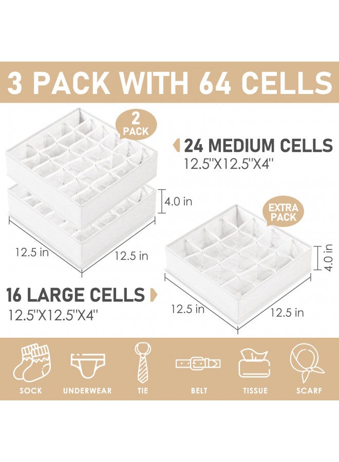 Criusia Criusia 3 Pack Sock Underwear Drawer Organizer Dividers, 64 Cell Fabric Foldable Cabinet Closet Organizers and Storage Boxes for Storing Socks, Panties, Ties (16+24+24 Cell, White) - Image 1