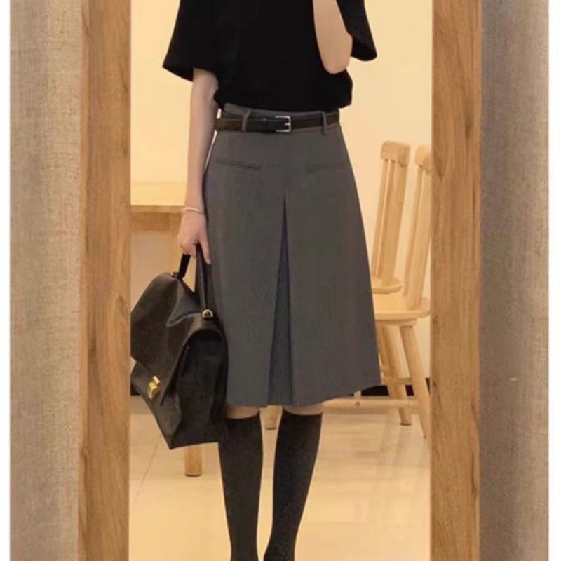 Suit Skirt Summer French Design Style Retro Elegant Black T-Shirt Pleated Skirt Two-Piece Set - Image 1