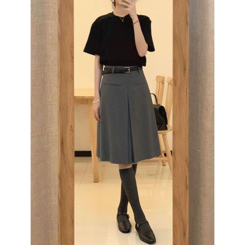 Suit Skirt Summer French Design Style Retro Elegant Black T-Shirt Pleated Skirt Two-Piece Set - Image 5