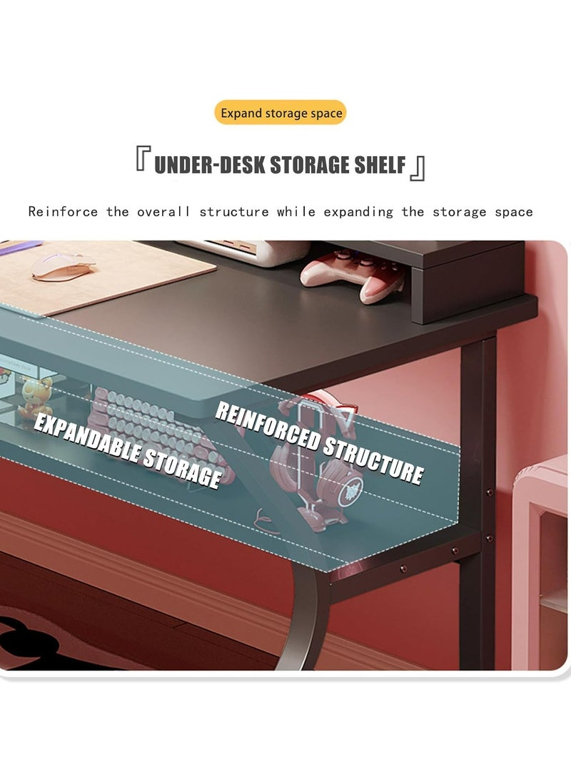 Gaming Desk with Shelf, 140CM Computer Desk, C-Shaped Gaming Table, PC Gaming Workstation Home Office Desks, Space-saving, Easy to Assemble (Black, 140x60x75CM)