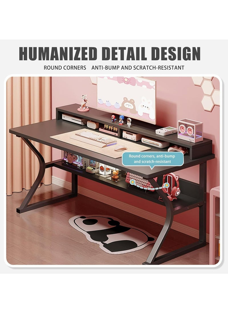 Gaming Desk with Shelf, 140CM Computer Desk, C-Shaped Gaming Table, PC Gaming Workstation Home Office Desks, Space-saving, Easy to Assemble (Black, 140x60x75CM)