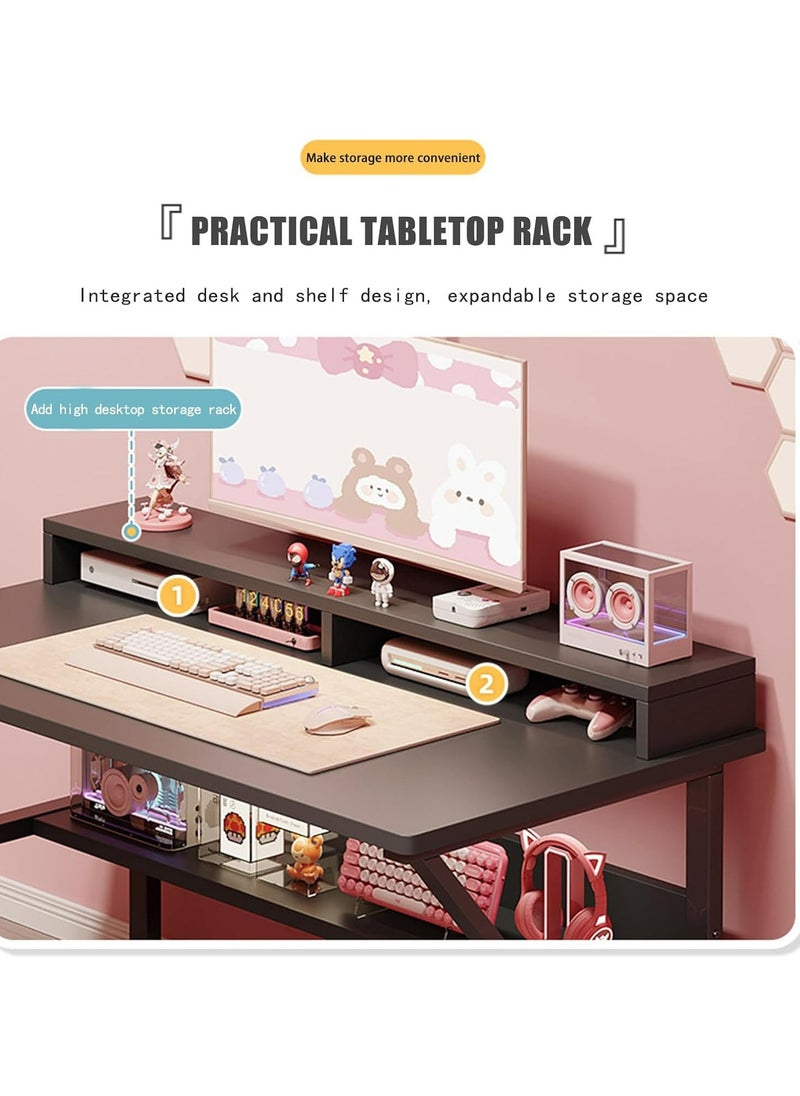 Gaming Desk with Shelf, 140CM Computer Desk, C-Shaped Gaming Table, PC Gaming Workstation Home Office Desks, Space-saving, Easy to Assemble (Black, 140x60x75CM)