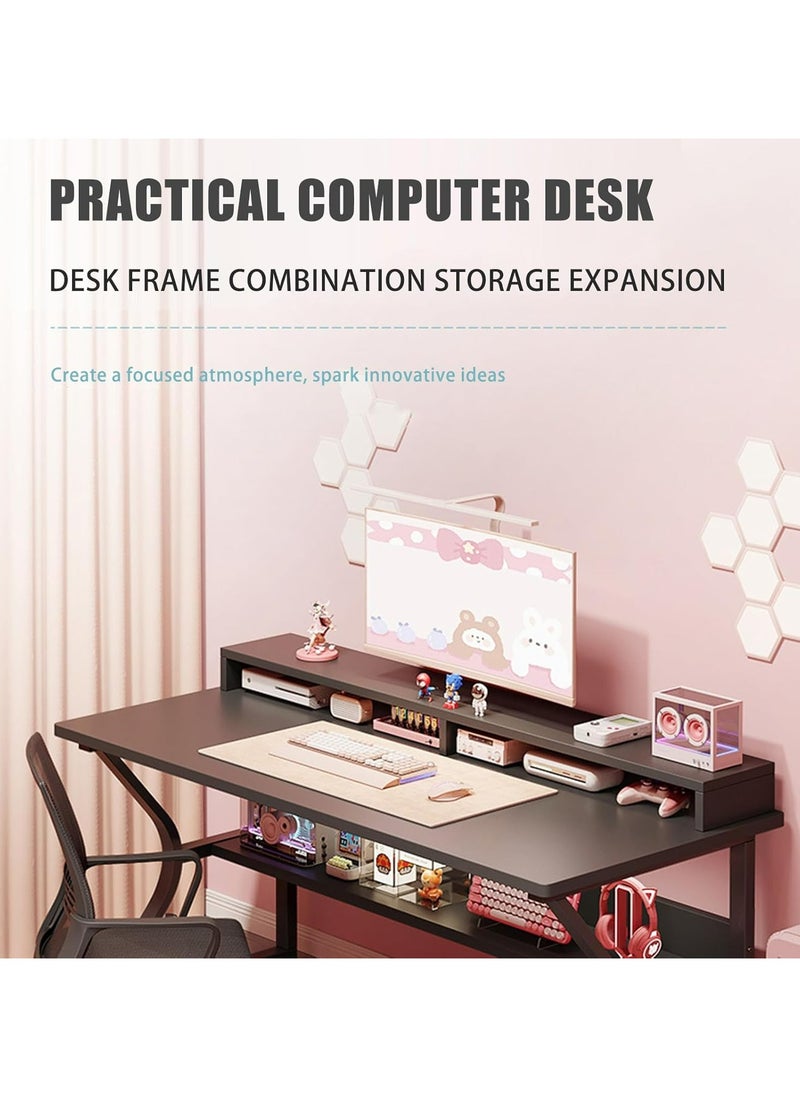 Gaming Desk with Shelf, 140CM Computer Desk, C-Shaped Gaming Table, PC Gaming Workstation Home Office Desks, Space-saving, Easy to Assemble (Black, 140x60x75CM)