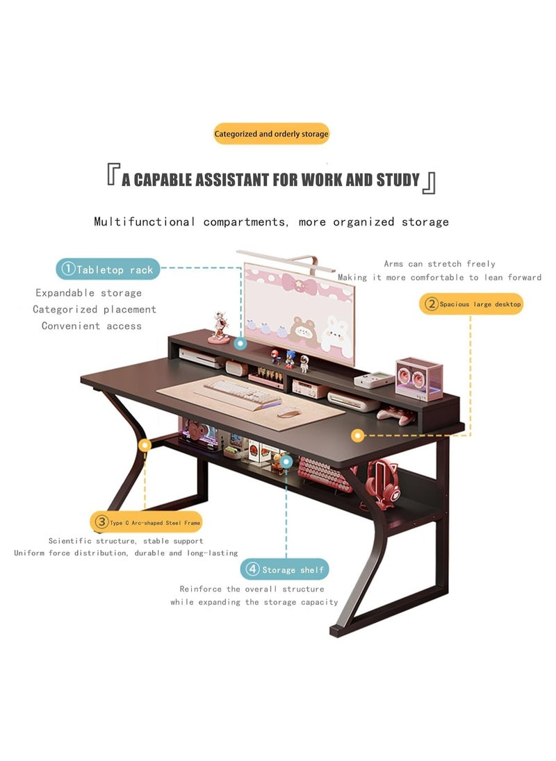 Gaming Desk with Shelf, 140CM Computer Desk, C-Shaped Gaming Table, PC Gaming Workstation Home Office Desks, Space-saving, Easy to Assemble (Black, 140x60x75CM)