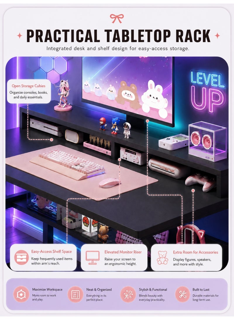 OHAHO Gaming Desk with Shelf, 140CM Computer Desk, C-Shaped Gaming Table, PC Gaming Workstation Home Office Desks, Space-saving, Easy to Assemble (Black, 140x60x75CM) - Image 5