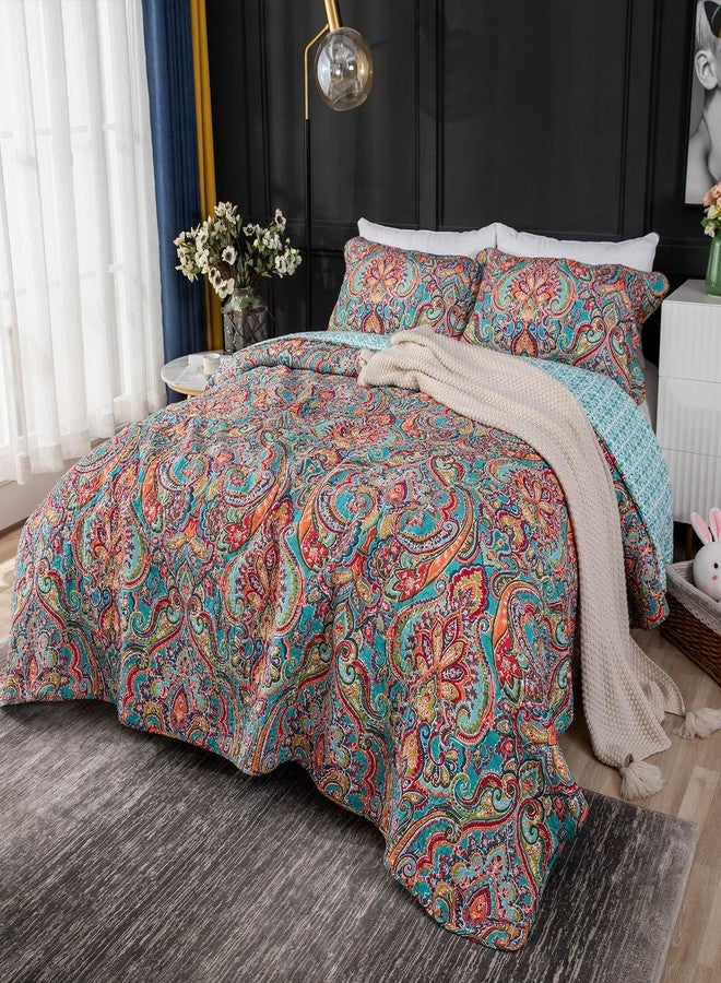 YASMENG 100% Cotton Boho Quilt Set Full Queen Size Colorful Gorgeous Paisley Mandala Floral Reversible Quilted Bedding Bohemian Vibrant Exotic Soft Breathable Bedspread Coverlet Set for All Seasons - Image 2