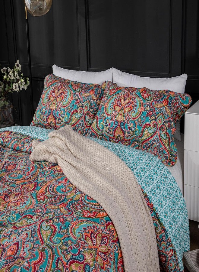 YASMENG 100% Cotton Boho Quilt Set Full Queen Size Colorful Gorgeous Paisley Mandala Floral Reversible Quilted Bedding Bohemian Vibrant Exotic Soft Breathable Bedspread Coverlet Set for All Seasons - Image 3