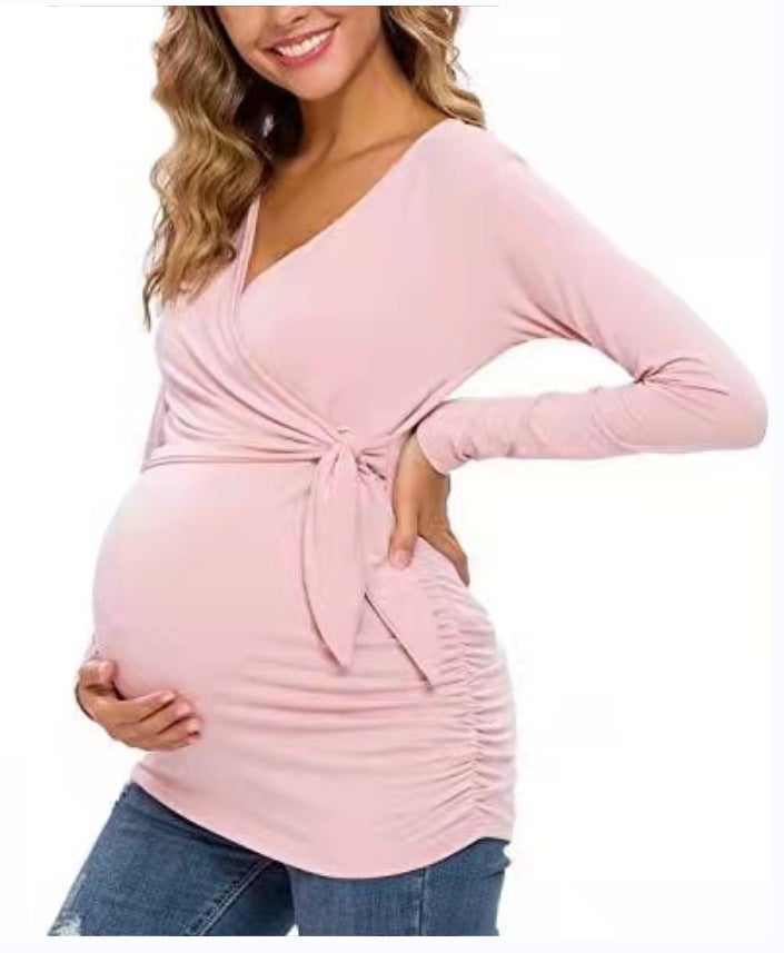 2022 Europe and the United States trend treasure mother cross V-neck breastfeeding T-shirt maternity tops in stock Pink S - Image 1