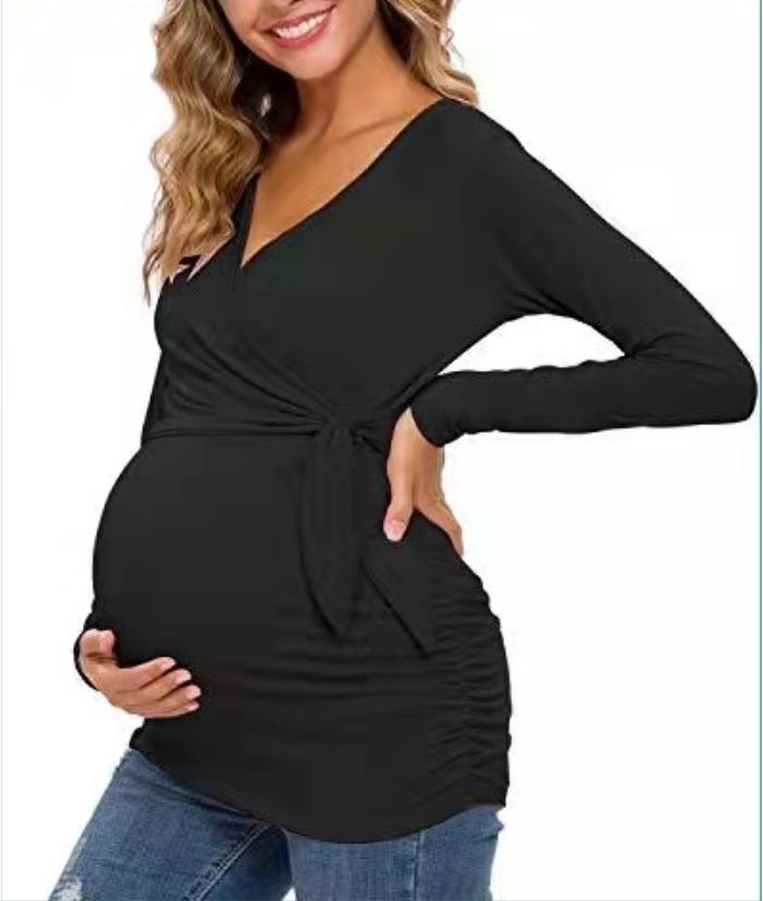 2022 Europe and the United States trend treasure mother cross V-neck breastfeeding T-shirt maternity tops in stock Pink S - Image 3