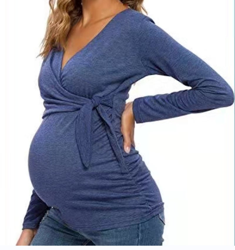 2022 Europe and the United States trend treasure mother cross V-neck breastfeeding T-shirt maternity tops in stock Pink S - Image 5