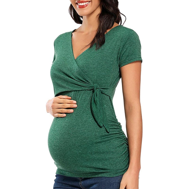 2022 Europe and the United States trend treasure mother cross V-neck breastfeeding T-shirt maternity tops in stock Pink S - Image 2