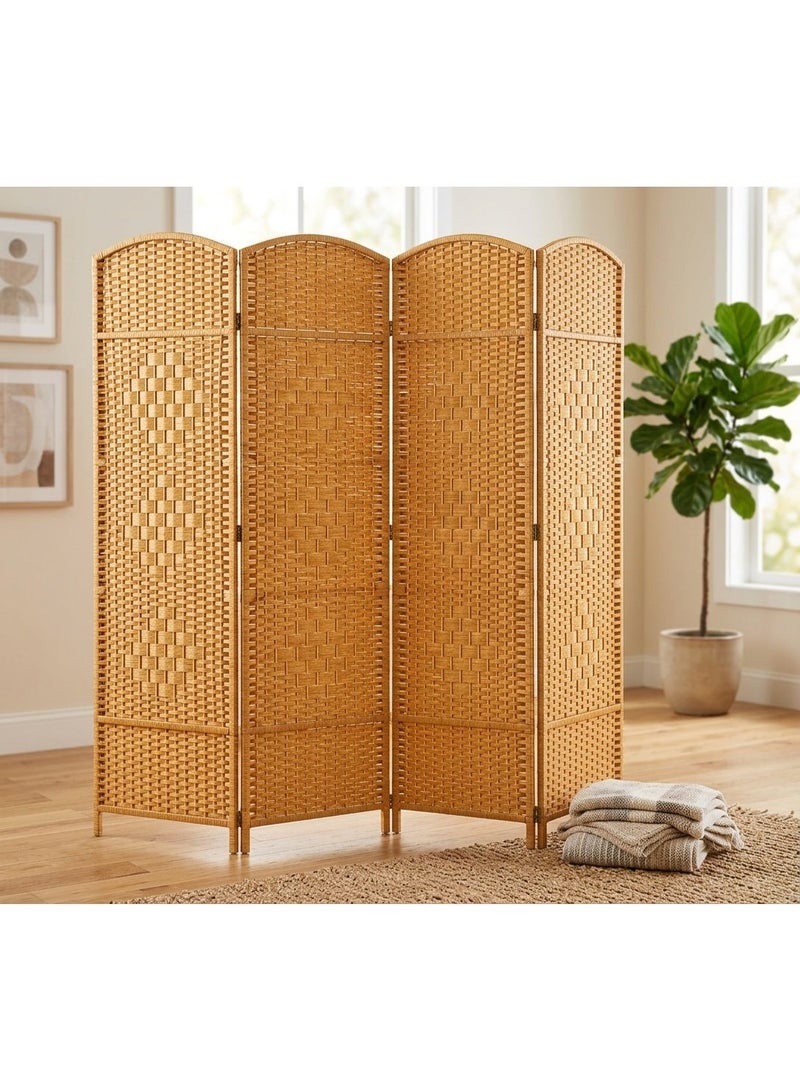 4 Panel Rattan Room Divider Folding Privacy Screen, Natural Bamboo Woven Partition Stand, Decorative Freestanding Room Separator for Bedroom, Living Room, Office & Home Decor - Image 1