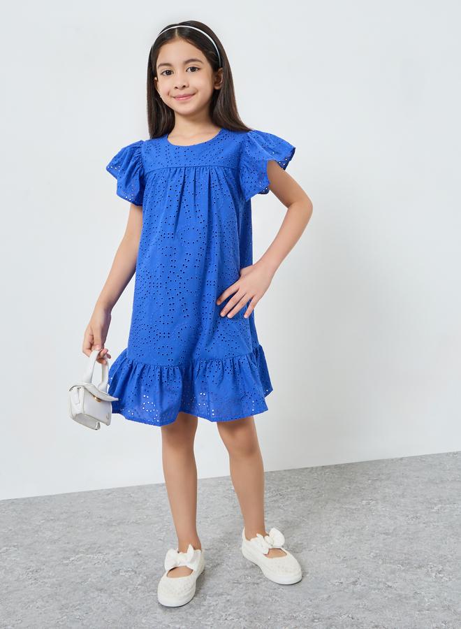 Styli Girls Schiffli Dress with Frill Sleeves - Image 1
