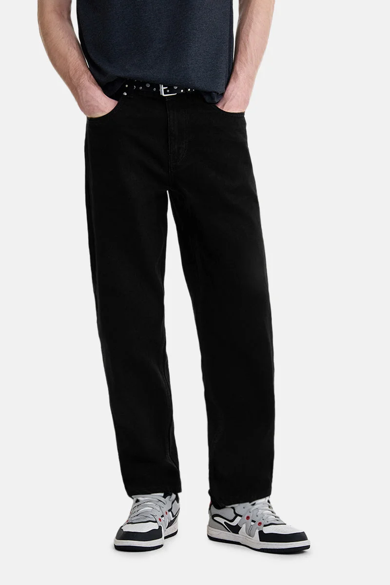 SNITCH Black Solid Loose Fit Streetwear Jeans