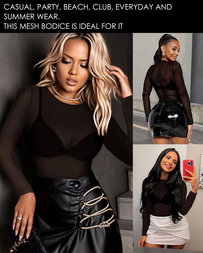 CHICGAL Women's Mesh Tops Sheer Long Sleeve Tee Shirts Bodycon See Through Blouse Clubwear(Black,M) - Image 5