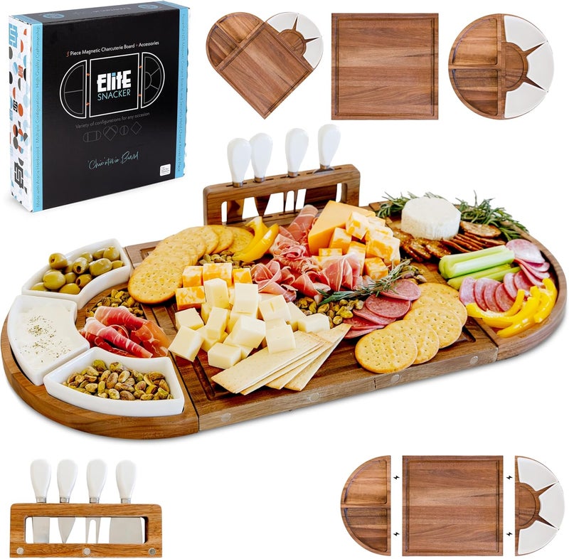 The Elite Snacker Large Wooden Charcuterie Board Set (Oil Finish) - 3-Piece Magnetic Long Serving Board Tray with Charcuterie Accessories - Acacia Wood Cheese Platter with Cheese Knife Set & Ceramic Dishes - Brown - Image 1