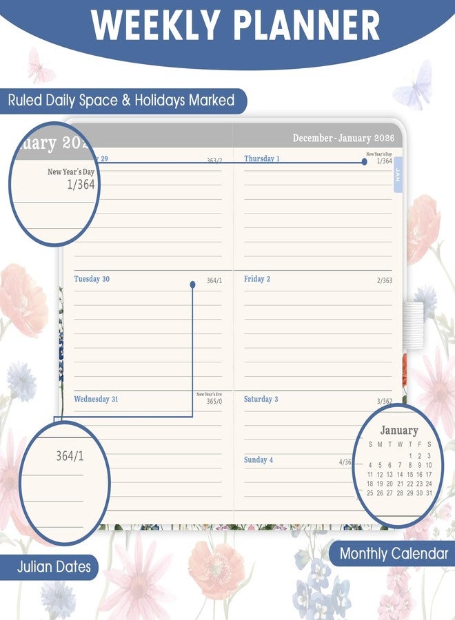 Planrage Pocket Calendar 2025-2026 - Pocket Planner 2025-2026 for Purse, Academic Planner 2025-2026 from Jul. 2025 - Jun. 2026, 6.3''×3.8'', Weekly & Monthly Planner with Pen Loop - Floral - Image 4