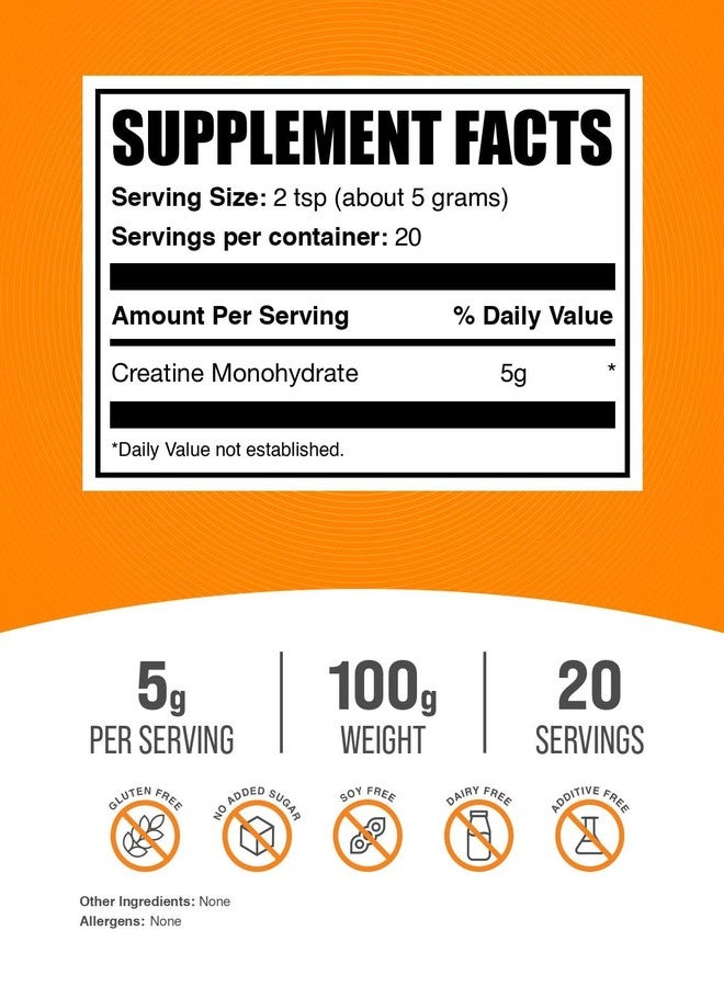 بالك سابلمنتس مسحوق كرياتين مونوهيدرات من BulkSupplements.com - مسحوق كرياتين دقيق، بدون نكهة - نقي وخالٍ من الغلوتين، 5 غرام (5000 ملغ) لكل حصة، 100 غرام (3.5 أونصة) (عبوة واحدة) - Image 2