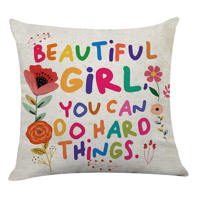 Littlefa Cute Inspiring Throw Pillow CoverBeautiful Girl You Can Do Hard Things Colour Flowers Decorative Pillowcase for Girls Friends Teenage Girls