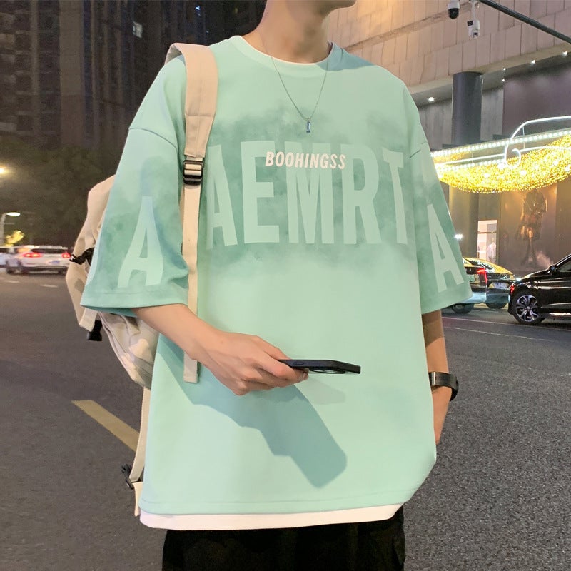 Summer Thin Men'S Short-Sleeved T-Shirt Letter Printed Fake Two-Piece Loose Joker Trend Round Iron-Free T-Shirt - Image 5