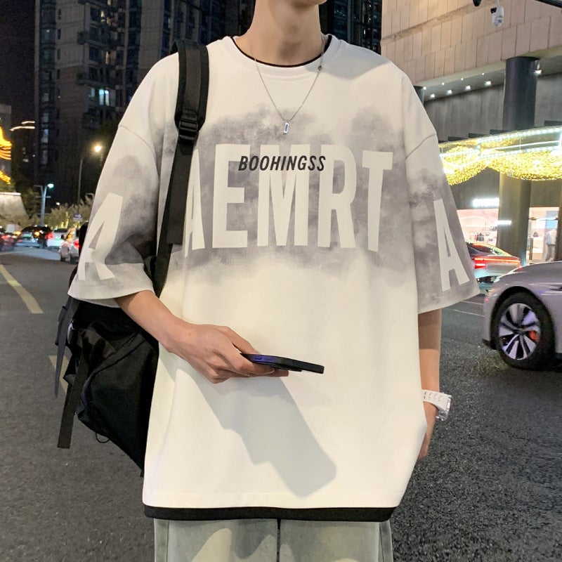 Summer Thin Men'S Short-Sleeved T-Shirt Letter Printed Fake Two-Piece Loose Joker Trend Round Iron-Free T-Shirt - Image 1