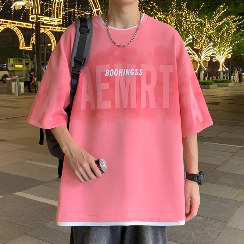 Summer Thin Men'S Short-Sleeved T-Shirt Letter Printed Fake Two-Piece Loose Joker Trend Round Iron-Free T-Shirt - Image 3