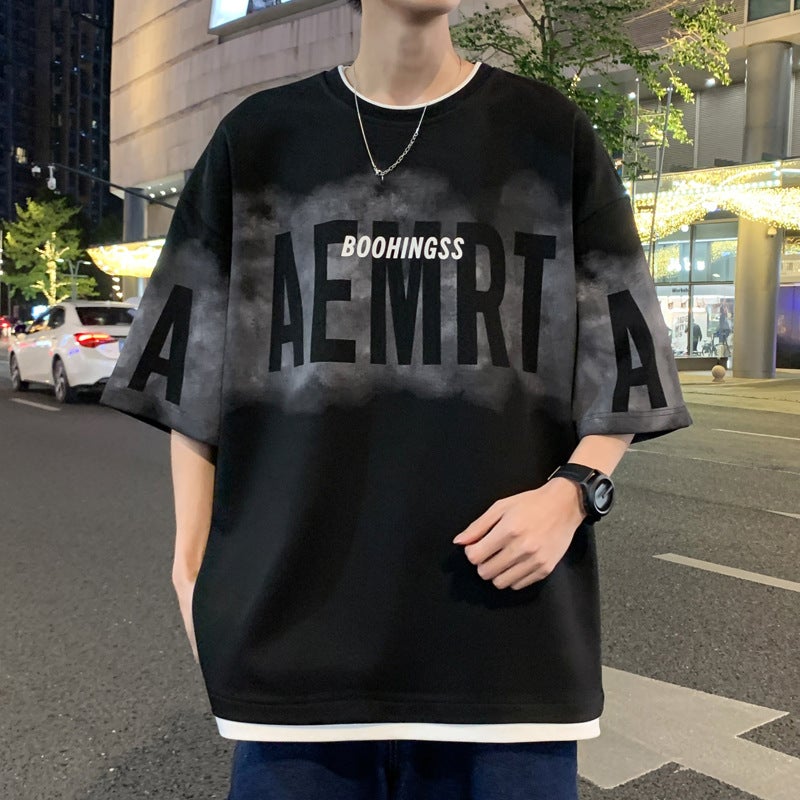 Summer Thin Men'S Short-Sleeved T-Shirt Letter Printed Fake Two-Piece Loose Joker Trend Round Iron-Free T-Shirt - Image 4