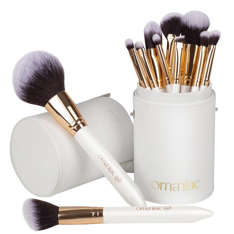 OMANIAC Makeup Brush Set Professional, 12 Pearlescent Wood Handle Makeup Brushes, Premium Cruelty-Free Synthetic Fiber Hair, Travel Make up Brushes Set with Case (White). - Image 1