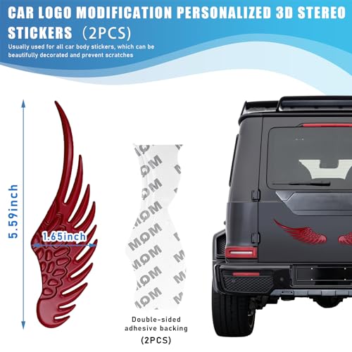 Dickno 2PCS Angel Wings Car Stickers, 3D Alloy Metal Angel Hawk Eagle Wings Emblem Badge Decal, Anti-Collision Auto Body Logo Sticker, Universal Vehicle Exterior Decor Accessories (Red) - Image 2