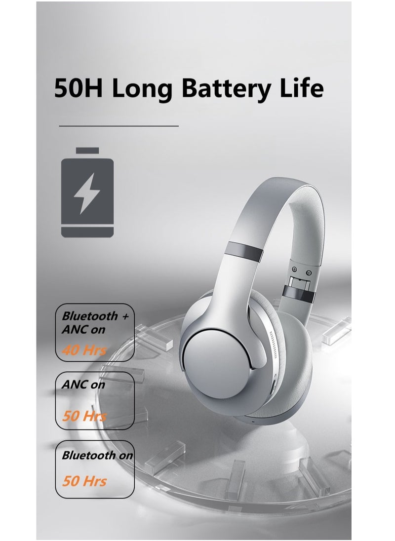 OREKO Active Noise Cancelling Foldable Headphones, Wireless Over-Ear Bluetooth, 50H Long Playtime, Hi-Res Audio, Big Bass Silver White  - Image 2