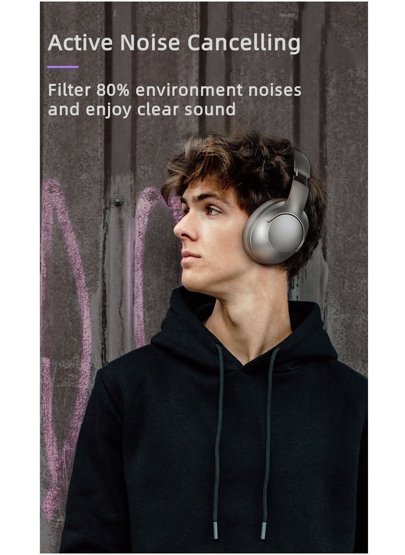 OREKO Active Noise Cancelling Foldable Headphones, Wireless Over-Ear Bluetooth, 50H Long Playtime, Hi-Res Audio, Big Bass Silver White  - Image 3