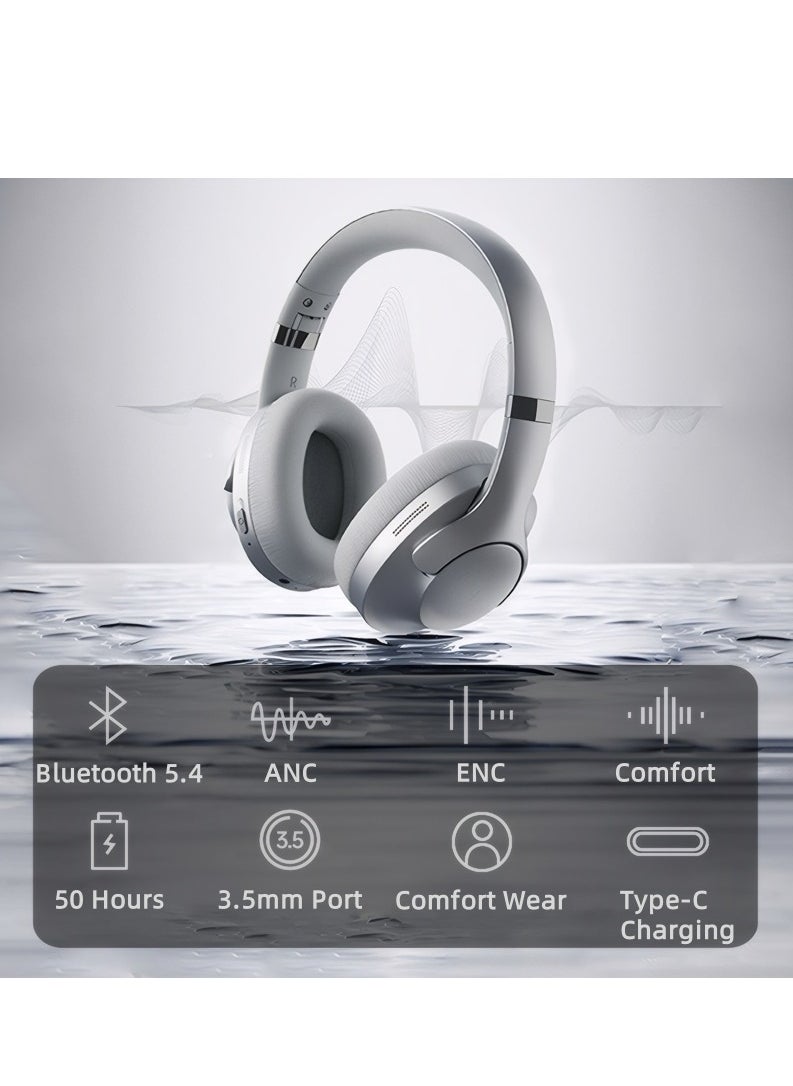 OREKO Active Noise Cancelling Foldable Headphones, Wireless Over-Ear Bluetooth, 50H Long Playtime, Hi-Res Audio, Big Bass Silver White  - Image 4