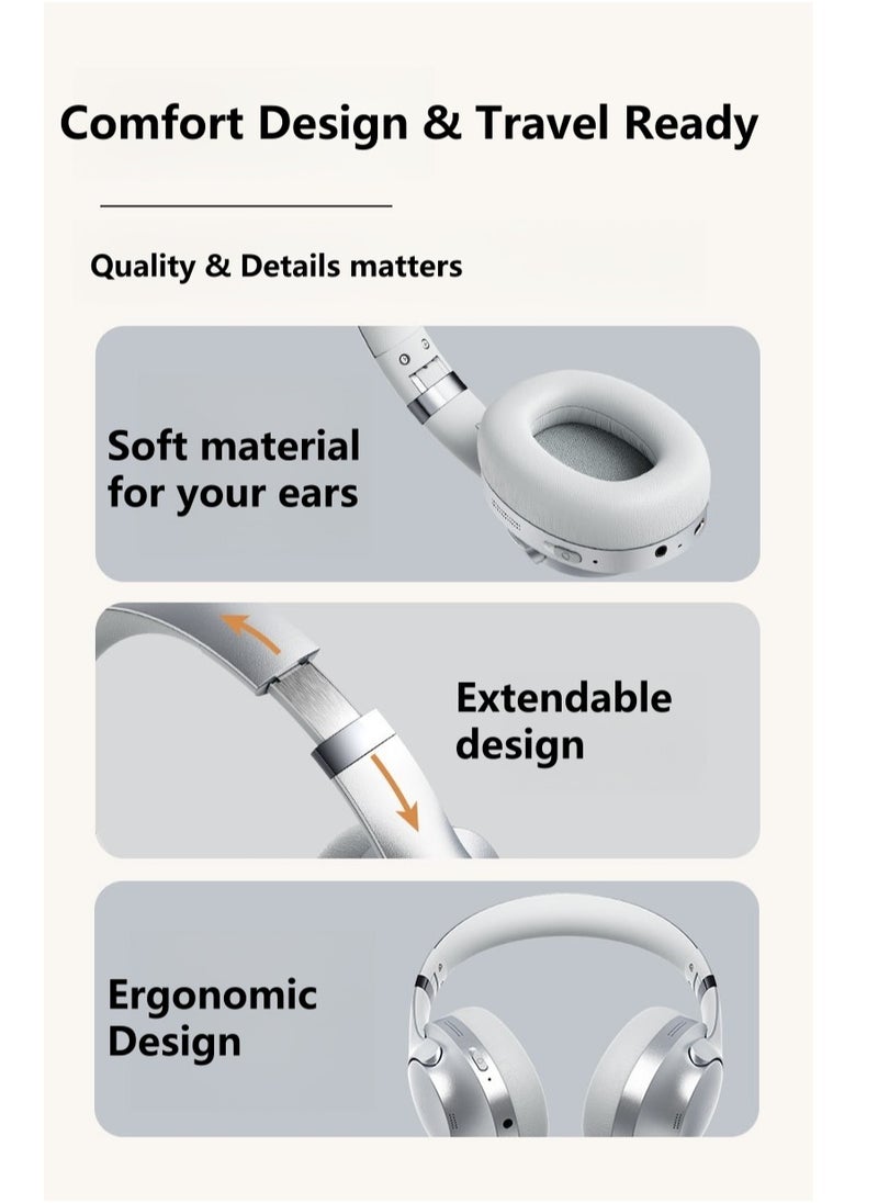 OREKO Active Noise Cancelling Foldable Headphones, Wireless Over-Ear Bluetooth, 50H Long Playtime, Hi-Res Audio, Big Bass Silver White  - Image 5
