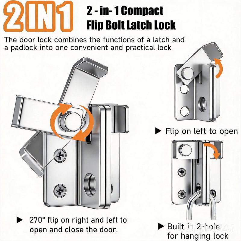 Stainless Steel Latch 40x45 mm Silver Left-Opening Bolt with Integrated Padlock Hole - Corrosion-Resistant Gate Lock for Shed Cabinet Window - Image 4