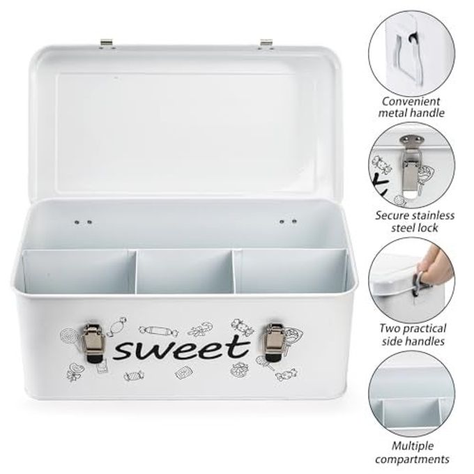 Frcctre Candy Storage Box, 4 Compartments Metal Candy Cookies Snacks Storage Tin Box with Lid Food Storage Container Farmhouse Kitchen Pantry Canister with Handle and Safety Lock - Image 3