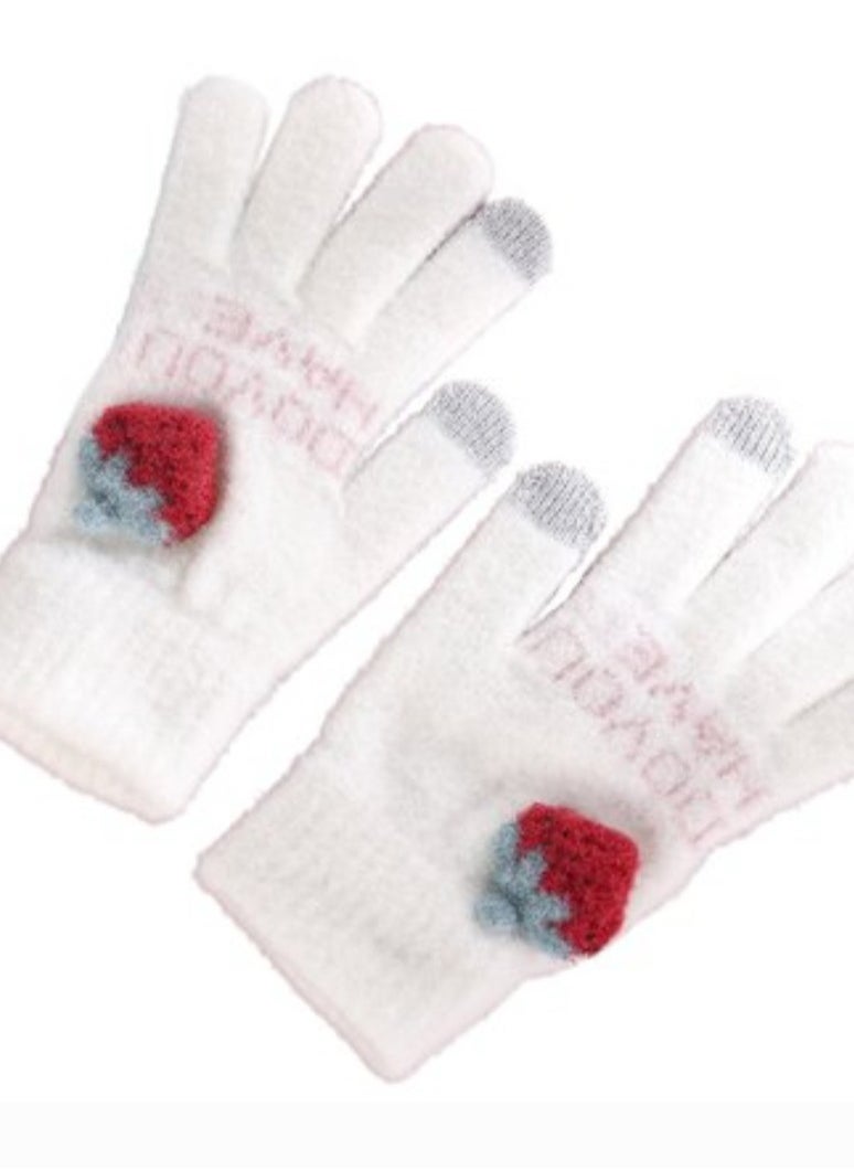 Women girly strawberry mobile screen touch fingers winter wool gloves  - Image 2