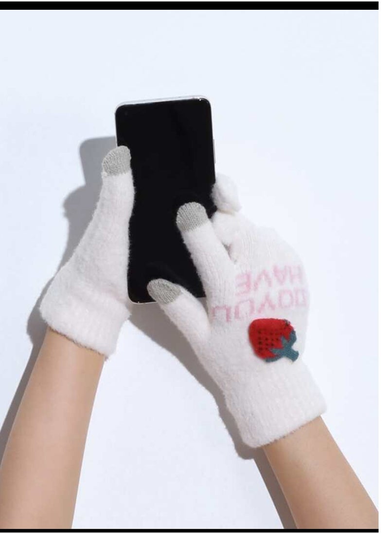Women girly strawberry mobile screen touch fingers winter wool gloves  - Image 1