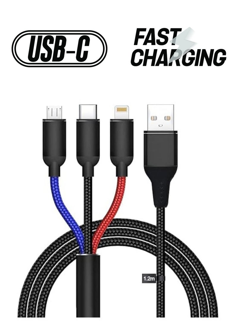 دلوني كابل USB 3 في 1 كابل شحن متعدد كابل IP كابل USB من النوع C كابل Micro USB، سلك شحن سريع متوافق مع iPhone وGalaxy Micro usb Android - Image 1