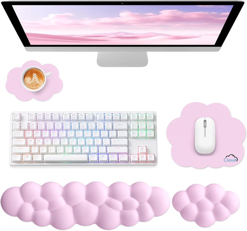 Sushret Cloud Wrist Rest for Computer Keyboard, 4-in-1 Memory Foam Leather Cloud Keyboard Wrist Rest and Mouse Pad Set with Ergonomic Support for Arm and Palm Cushion, Gaming/Work Setup, Pink - Image 1