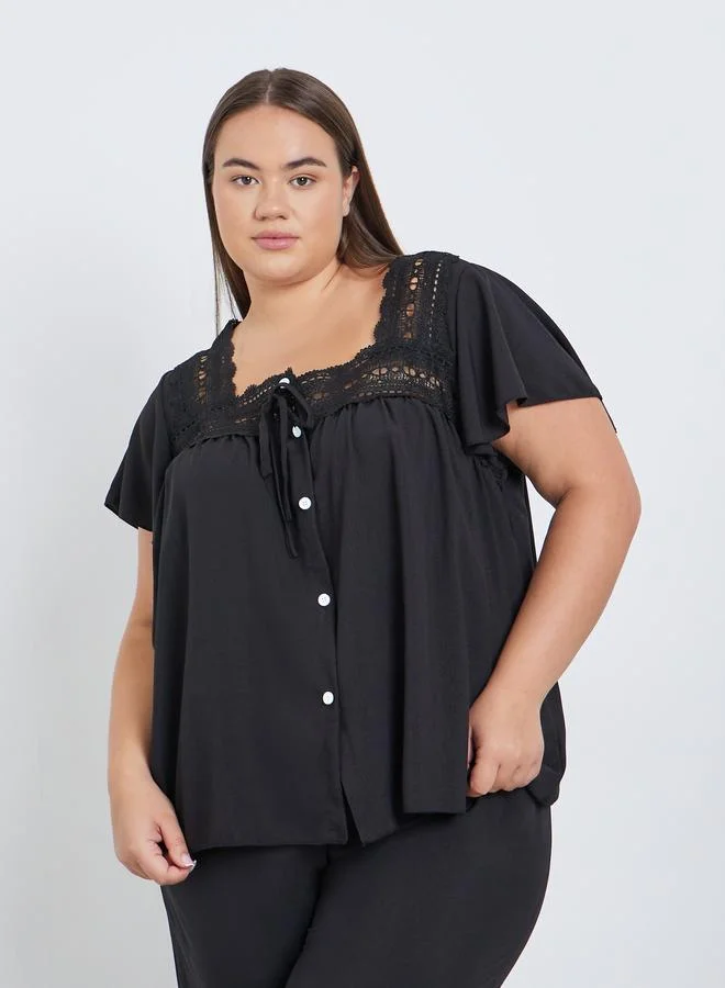 Styli Styli Plus Black Lace Detail Top and Pyjama Set