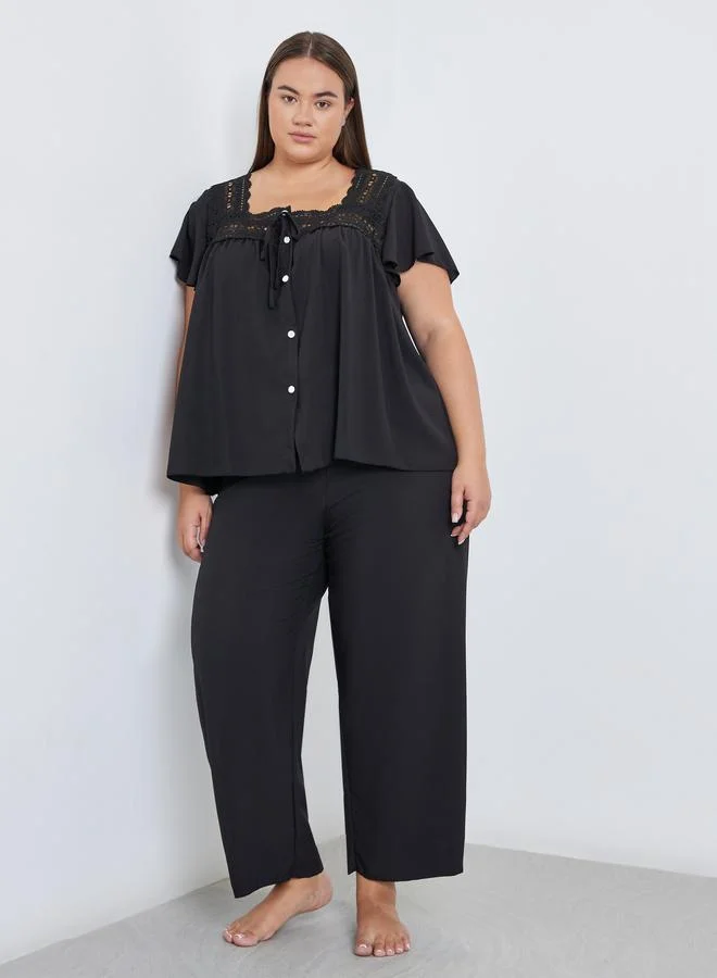 Styli Styli Plus Black Lace Detail Top and Pyjama Set
