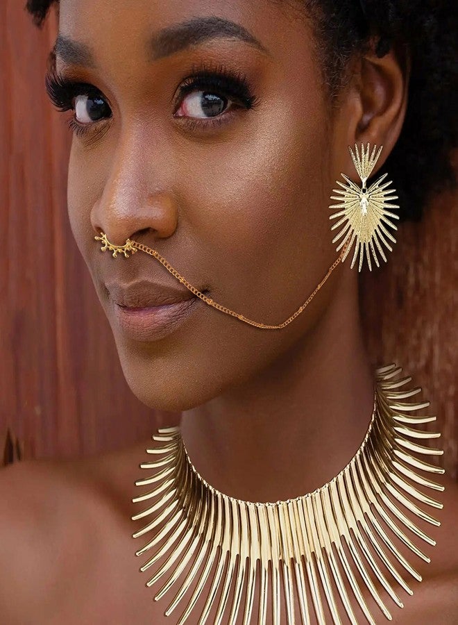 MEDOJO African Jewelry Set for Women Head Wrap Tooth Collar Choker Open Wrist Cuff Nose Ring Hoop Chain Earrings Gold Statement African Costume Accessories - Image 5